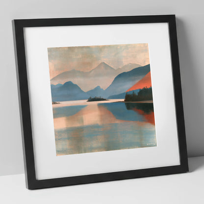 Terracotta Sunset on Derwentwater lake district lake art print in black frame