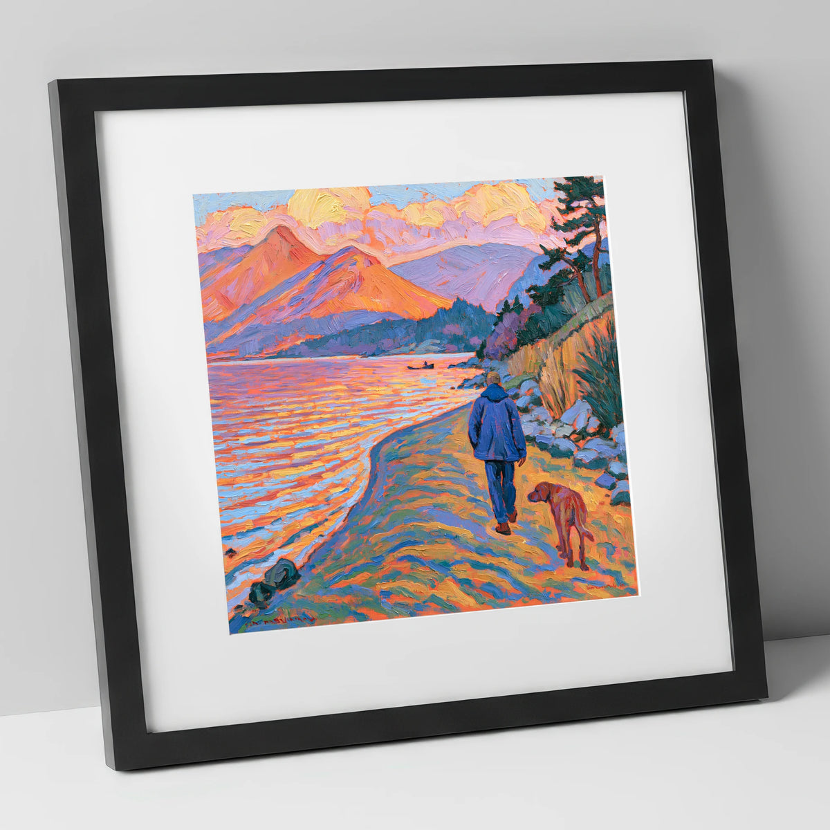 Vibrant Derwentwater Dog Walk gifts for dog walkers art print in black frame