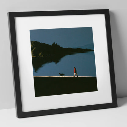 Coniston Water Dog Walk Silhouette gifts for dog walkers art print in black frame