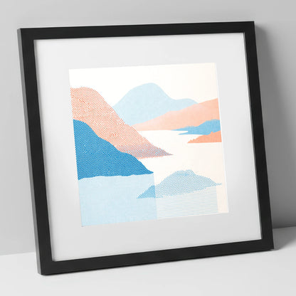 Ullswater Fells in Coral and Blue lake district lake art print in black frame