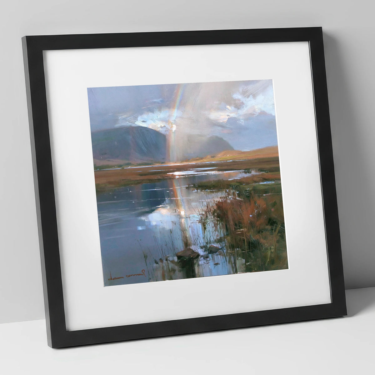 Rainbow Reflection Over Valley Waters lake district sky art print in black frame