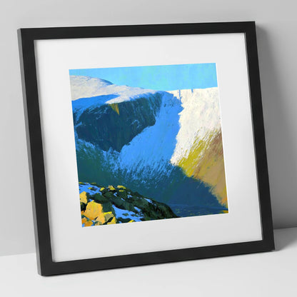 Sunlit Snow on Lingmell Crags lake district fell art print in black frame