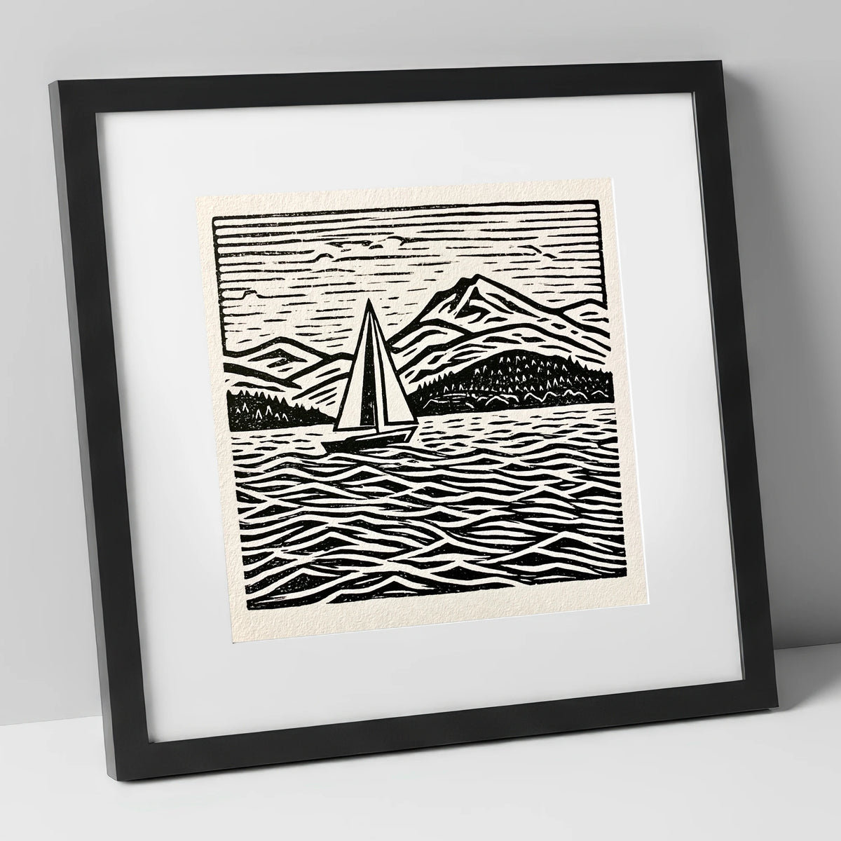 Monochrome Windermere Sailboat and Fells lake district lake art print in black frame