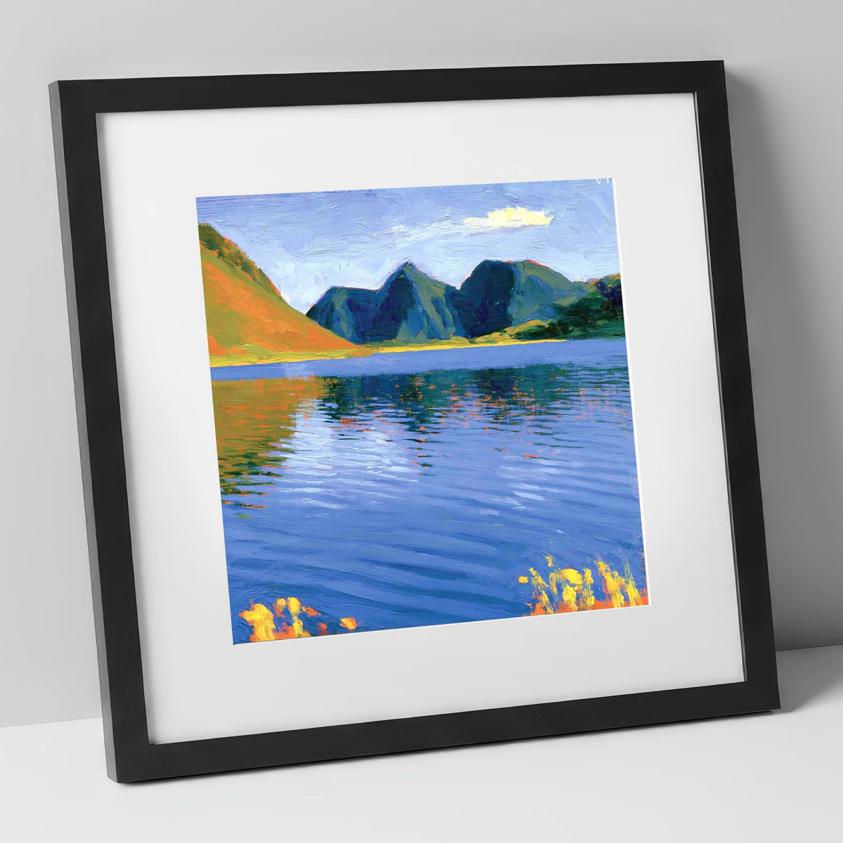 Vibrant Reflections on Loweswater lake district lake art print in black frame