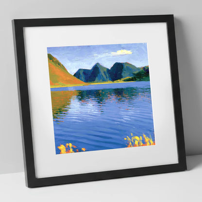 Vibrant Reflections on Loweswater lake district lake art print in black frame
