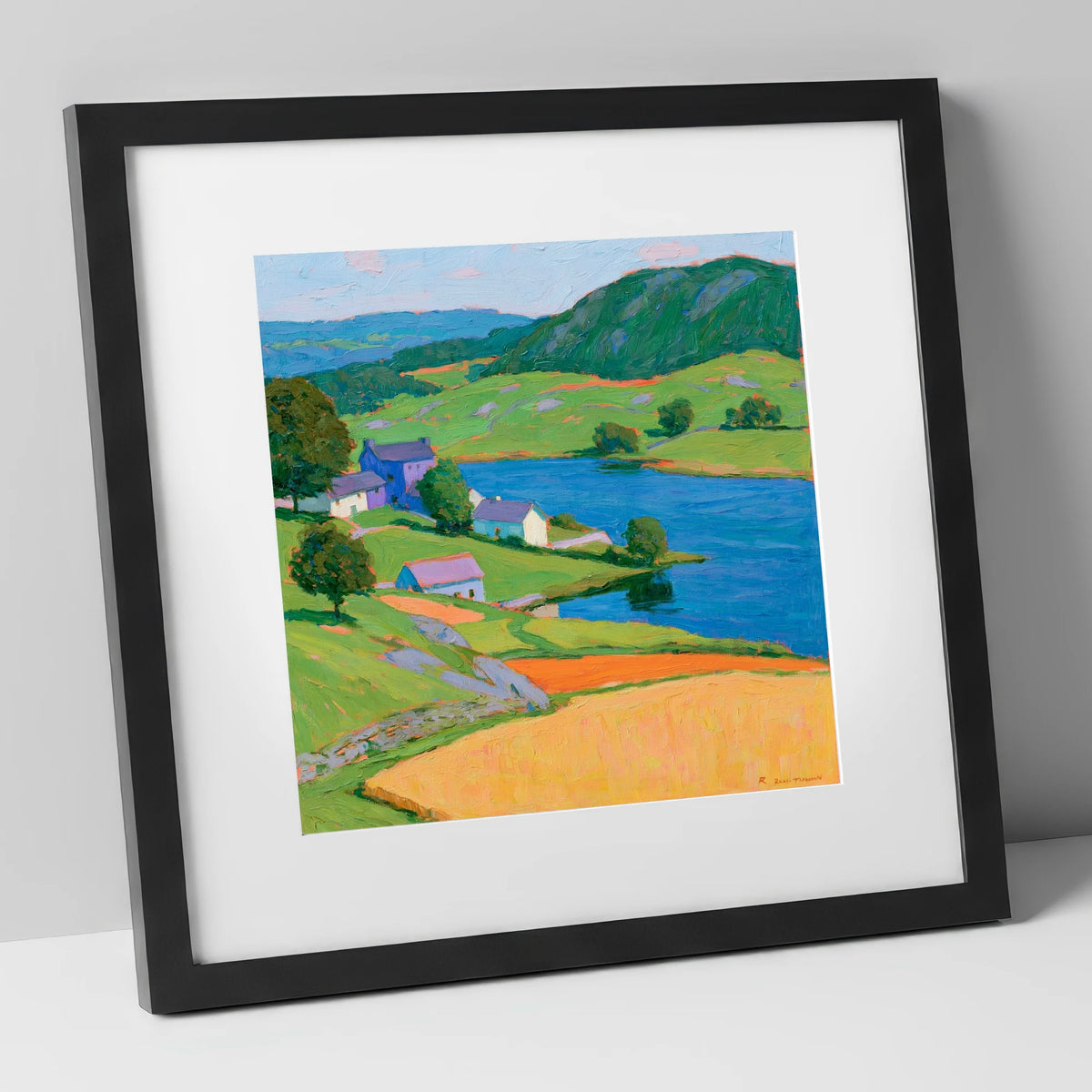 Vibrant Village on the Lakeshore lake district village art print in black frame
