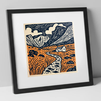 Eskdale Cottage and Navy Fells lake district valley art print in black frame