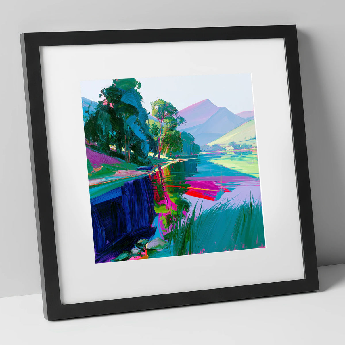 Still Lake at Vibrant Dawn lake district lake art print in black frame