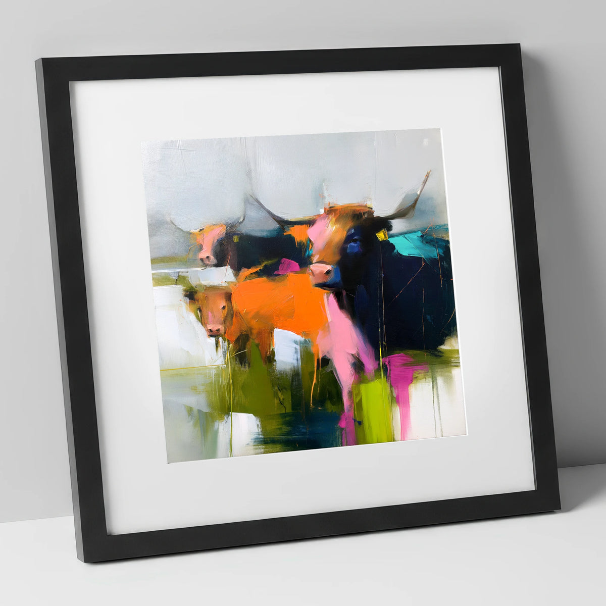 Abstract Highland Cattle Grazing lake district wildlife art print in black frame