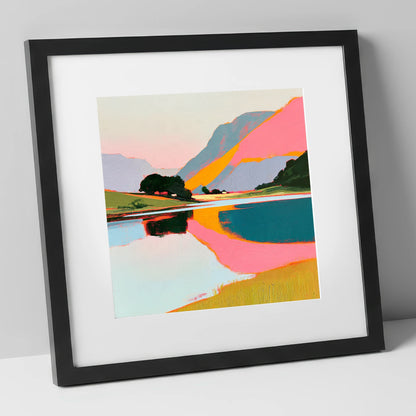 Vibrant Pink Lake At Dawn lake district lake art print in black frame