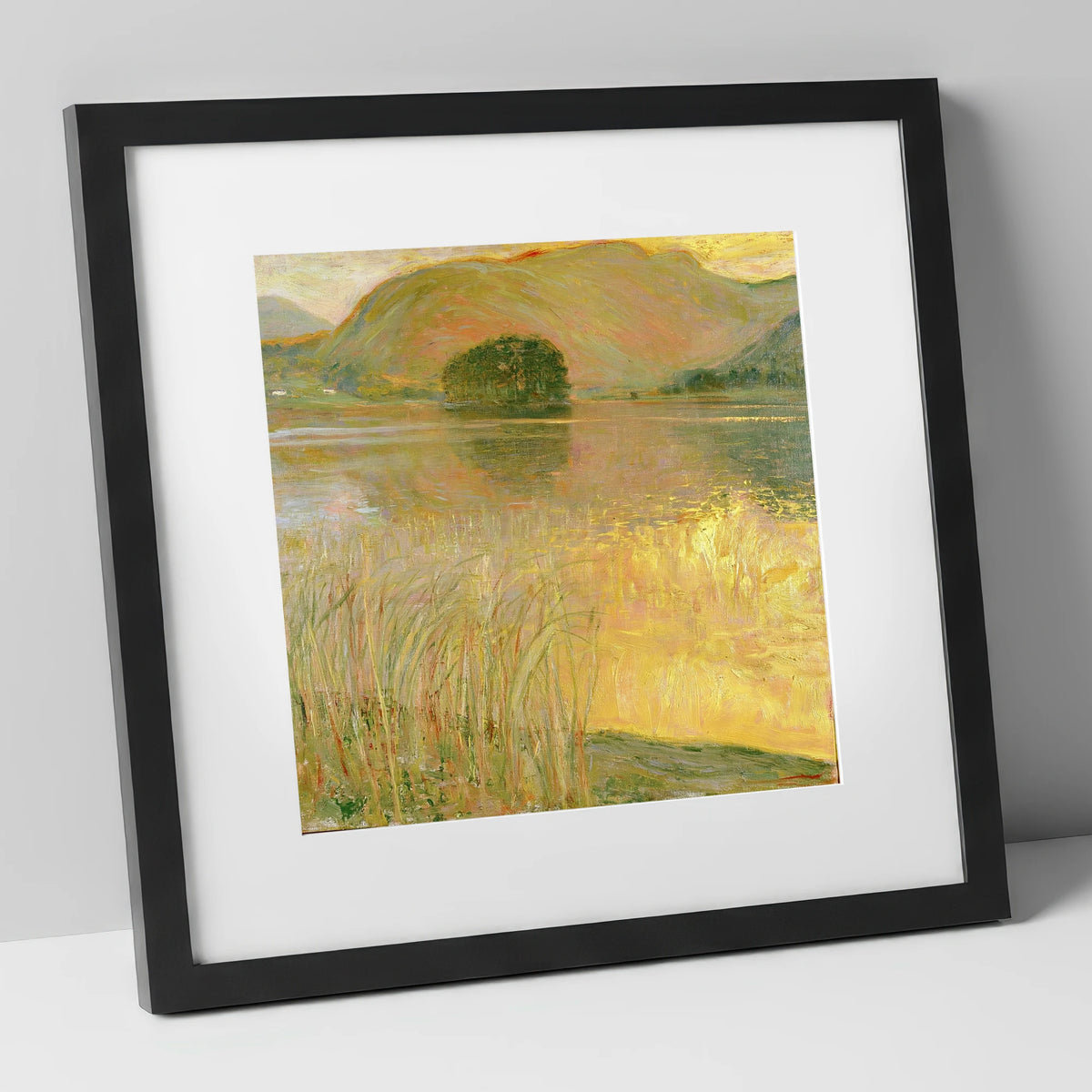 Golden Waters of Grasmere Island lake district lake art print in black frame