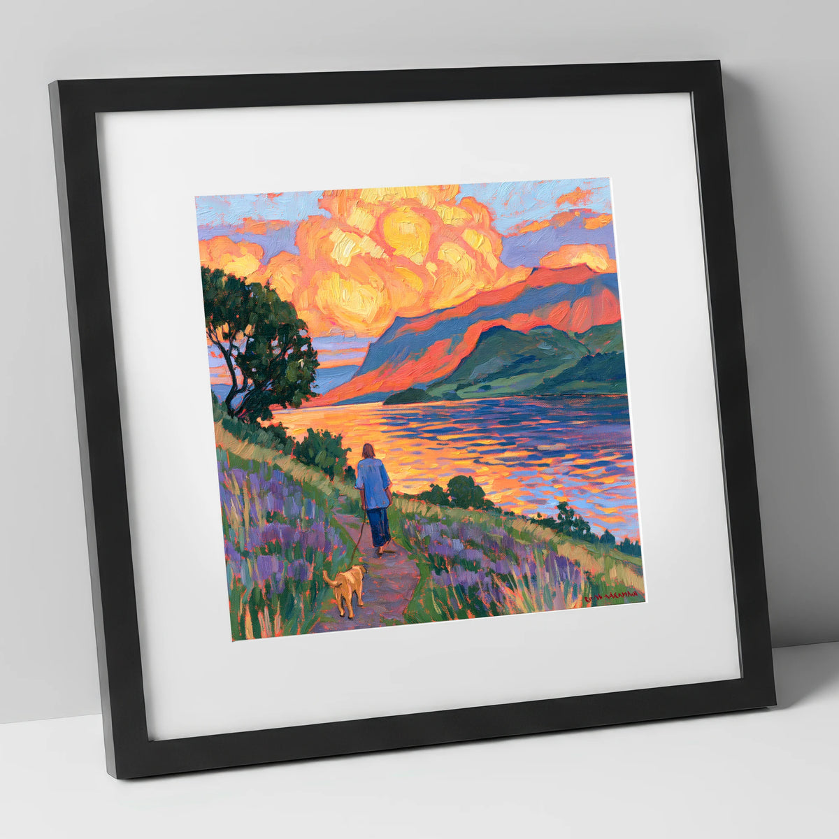 Vibrant Ullswater Evening Dog Walk gifts for dog walkers art print in black frame