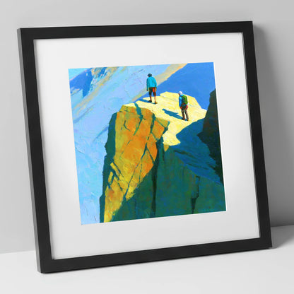 Mountaineers on Sunlit High Crags lake district walking art print in black frame