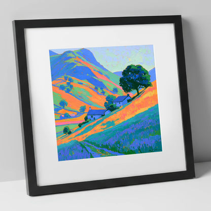 Fellside Cottages in Golden Evening Light lake district sky art print in black frame