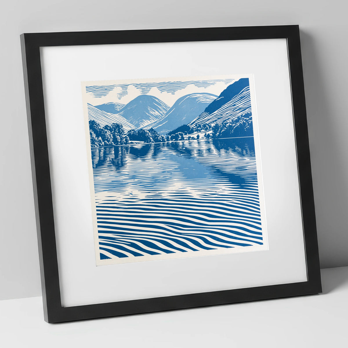 Cobalt Blue Lake Reflections lake district lake art print in black frame