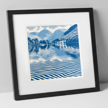 Cobalt Blue Lake Reflections lake district lake art print in black frame