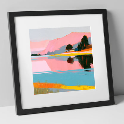 Still Lake and Pink Fells lake district lake art print in black frame