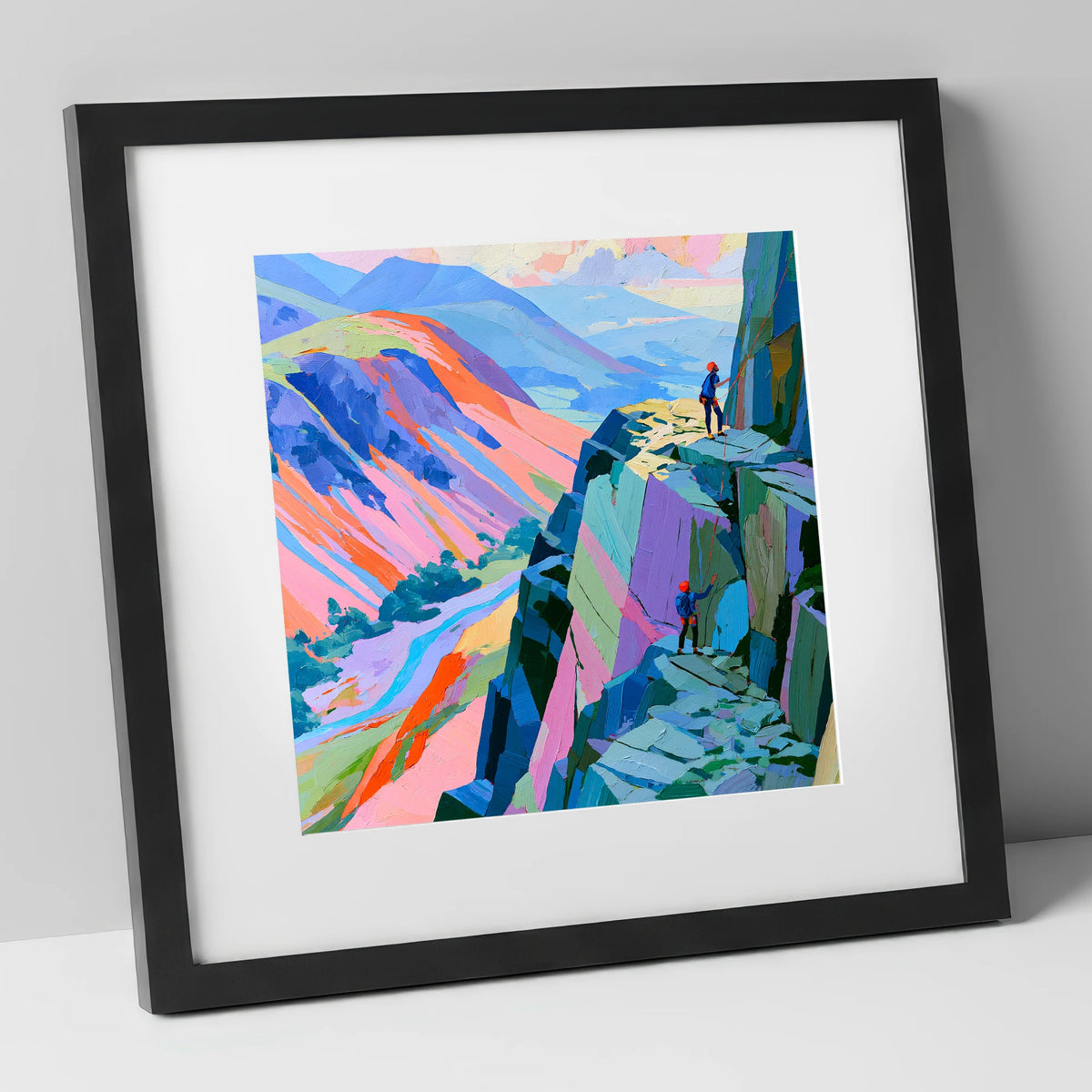 Rock Climbers on Vibrant Crag lake district walking art print in black frame