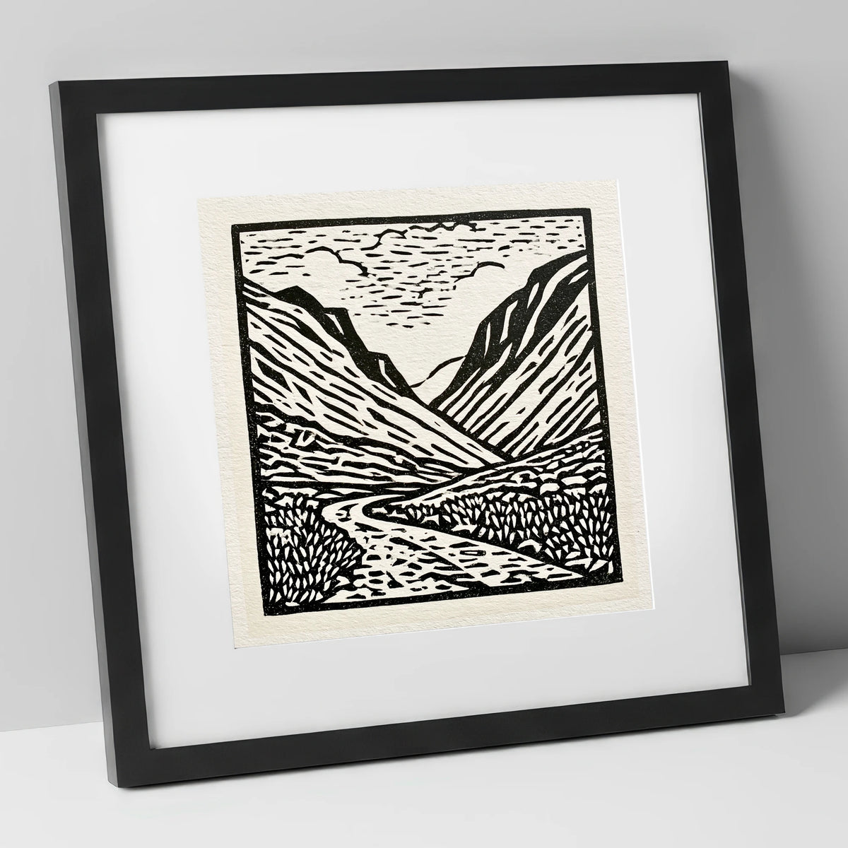 Honister Pass in Bold Monochrome lake district valley art print in black frame