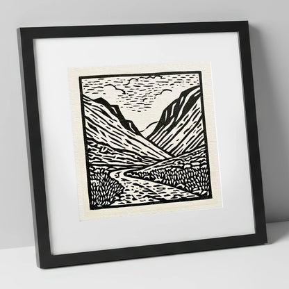 Honister Pass in Bold Monochrome lake district valley art print in black frame