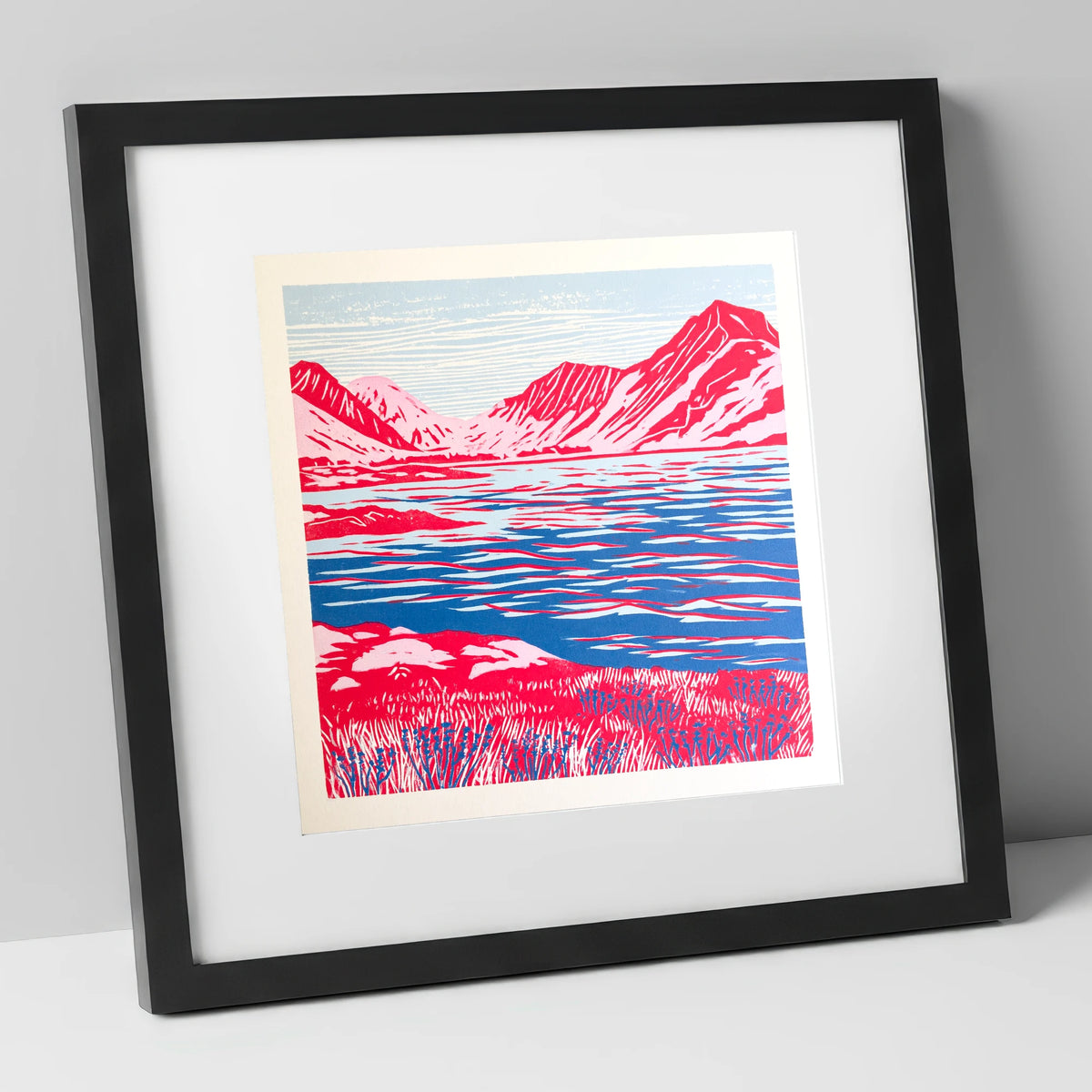 Vivid Red Ennerdale Fells lake district valley art print in black frame
