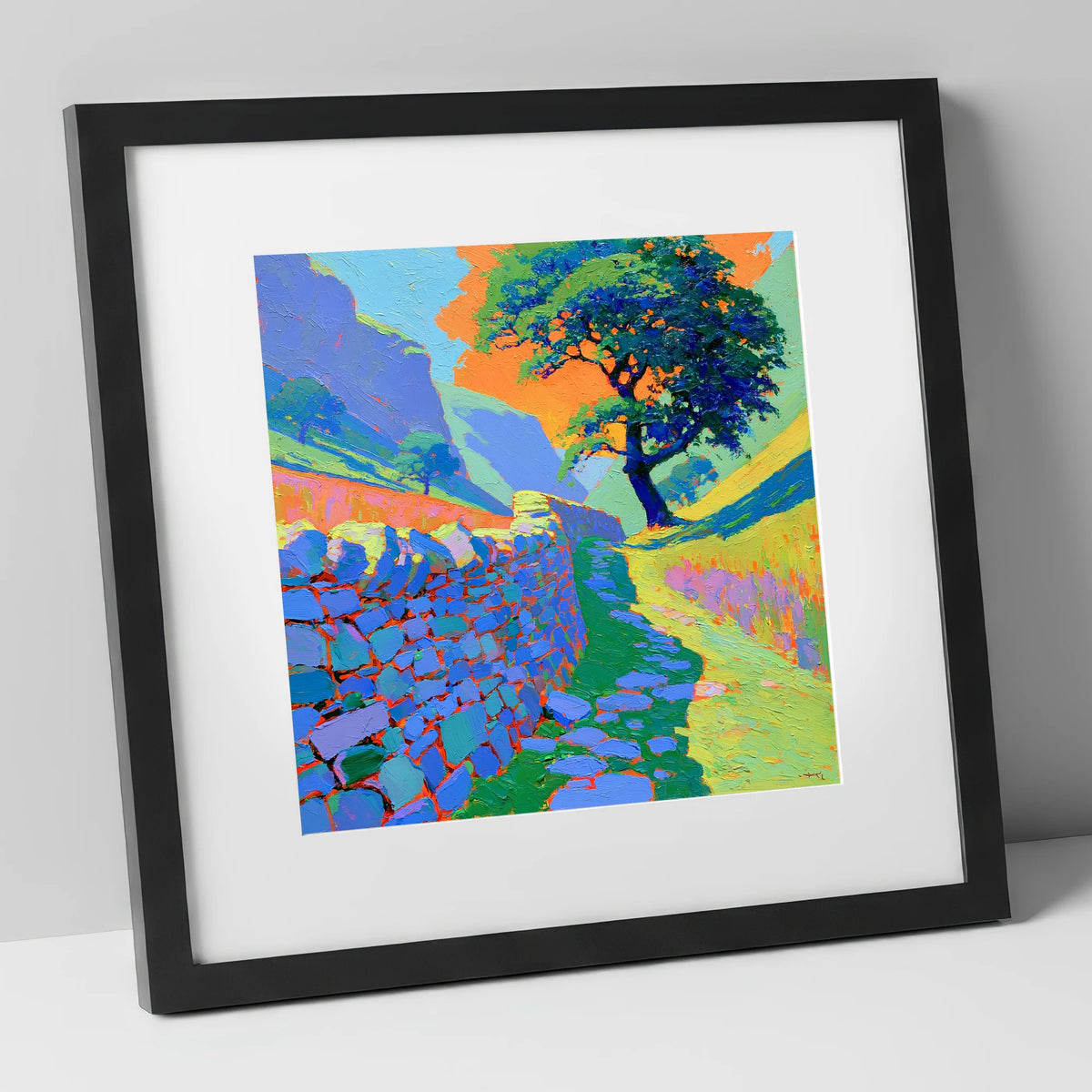 Vibrant Valley Drystone Wall Path lake district valley art print in black frame
