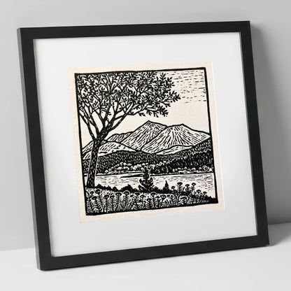 Monochrome Skiddaw and Lake lake district fell art print in black frame