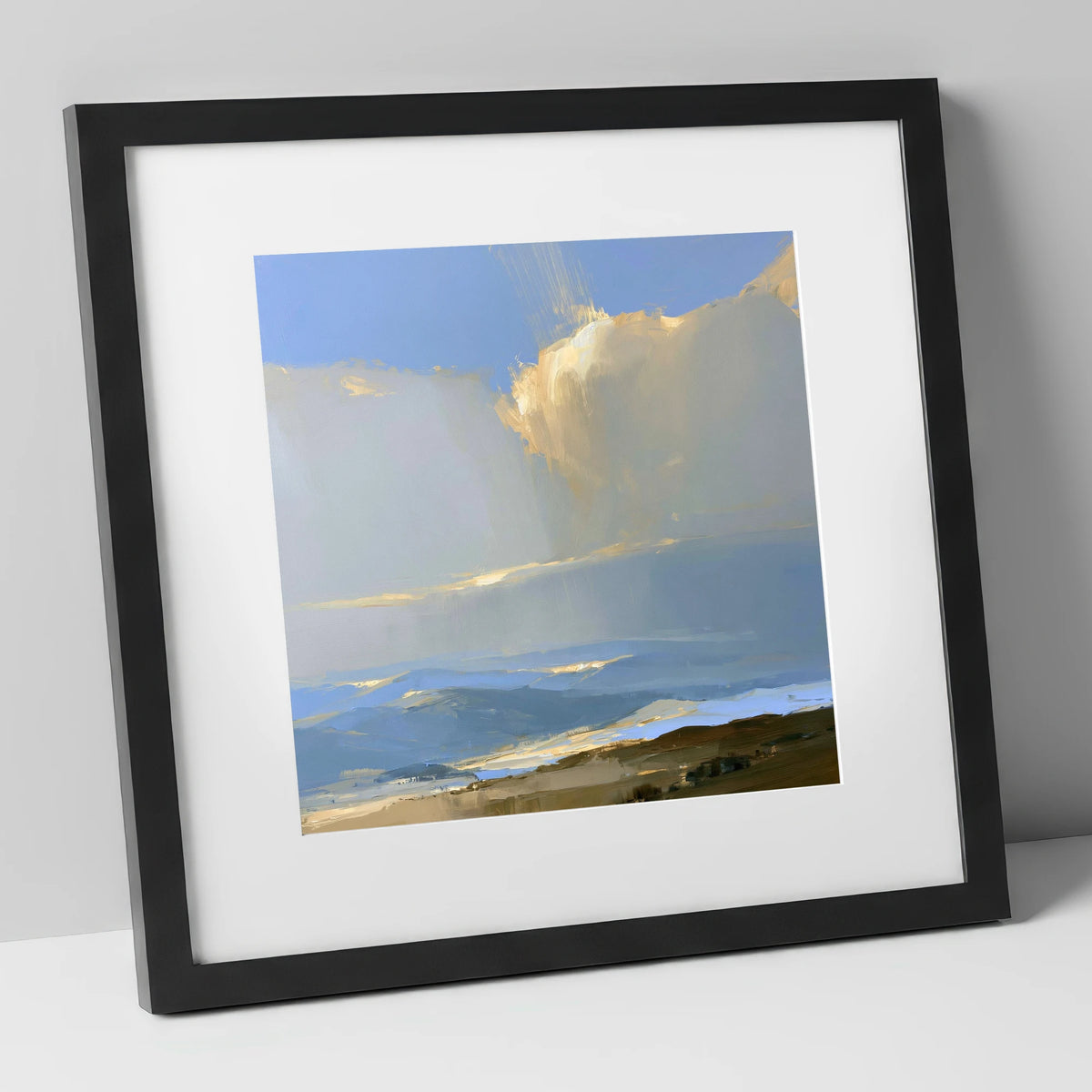 Sunlit Cloud Over Rolling Fells lake district fell art print in black frame