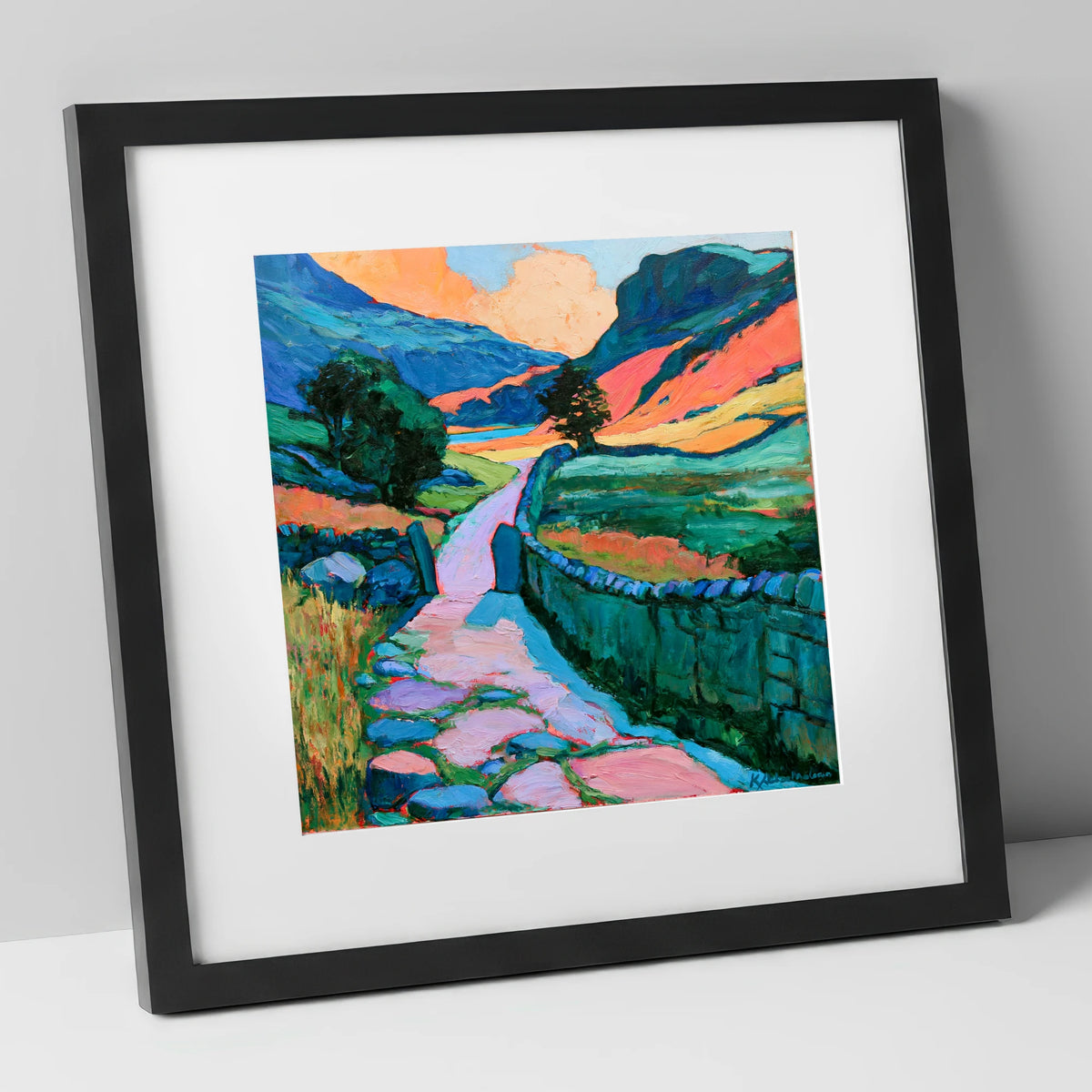Vibrant Valley Path and Drystone Wall lake district valley art print in black frame