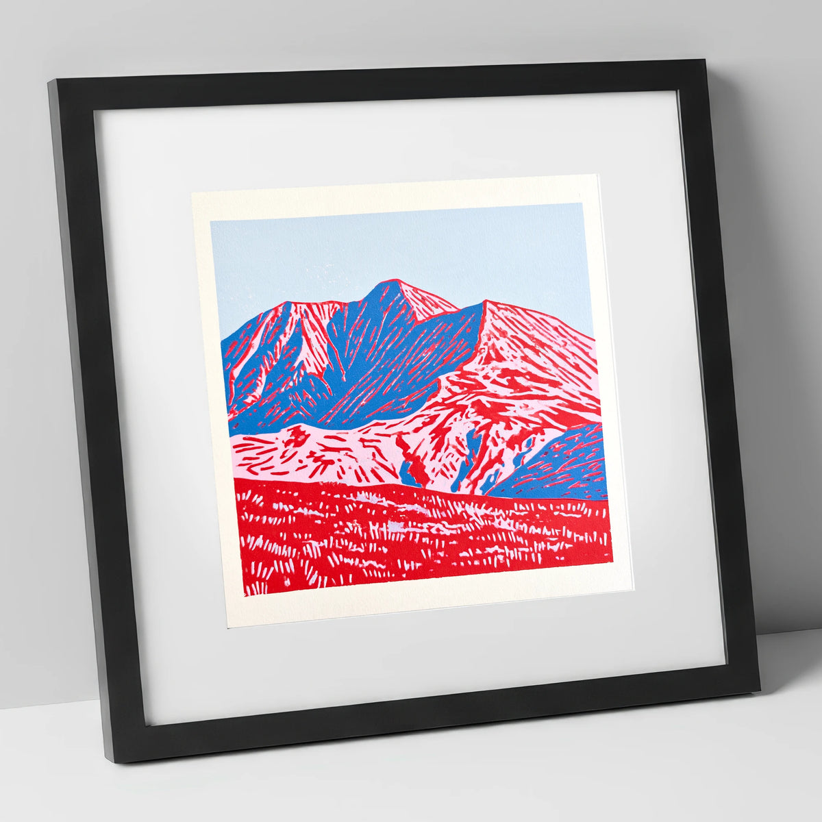 Graphic Red and Blue Helvellyn lake district fell art print in black frame