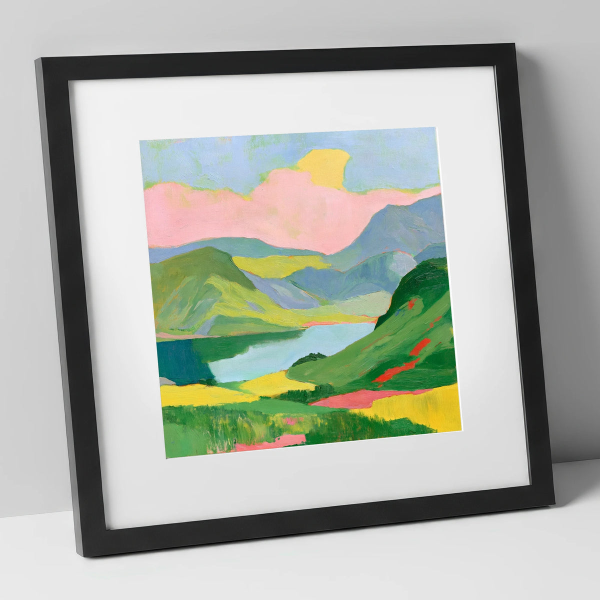 Vibrant Fells and Mountain Lake lake district lake art print in black frame