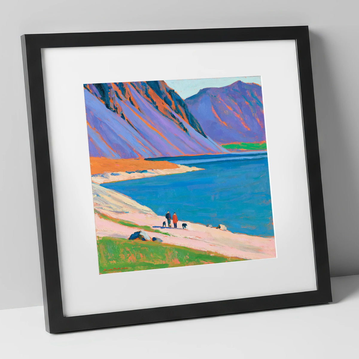 Colourful Wast Water Dog Walk gifts for dog walkers art print in black frame