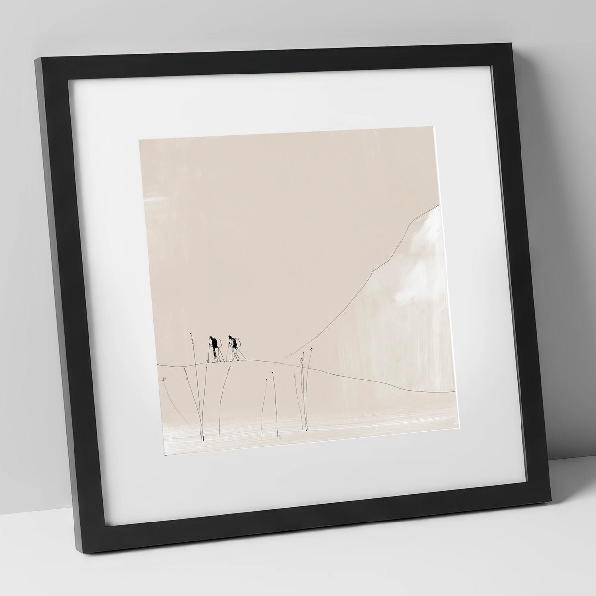 Walkers on a Minimalist Fell lake district walking art print in black frame