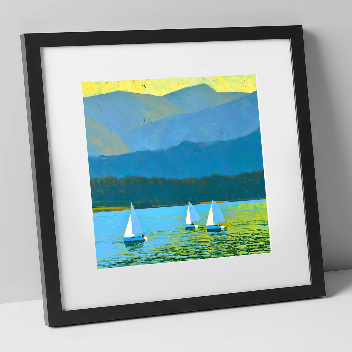 Windermere Sailboats Against Blue Fells lake district lake art print in black frame