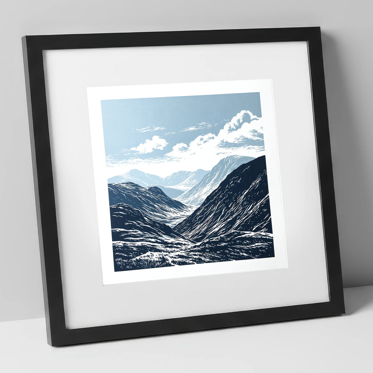 High Summit Valley in Navy lake district fell art print in black frame