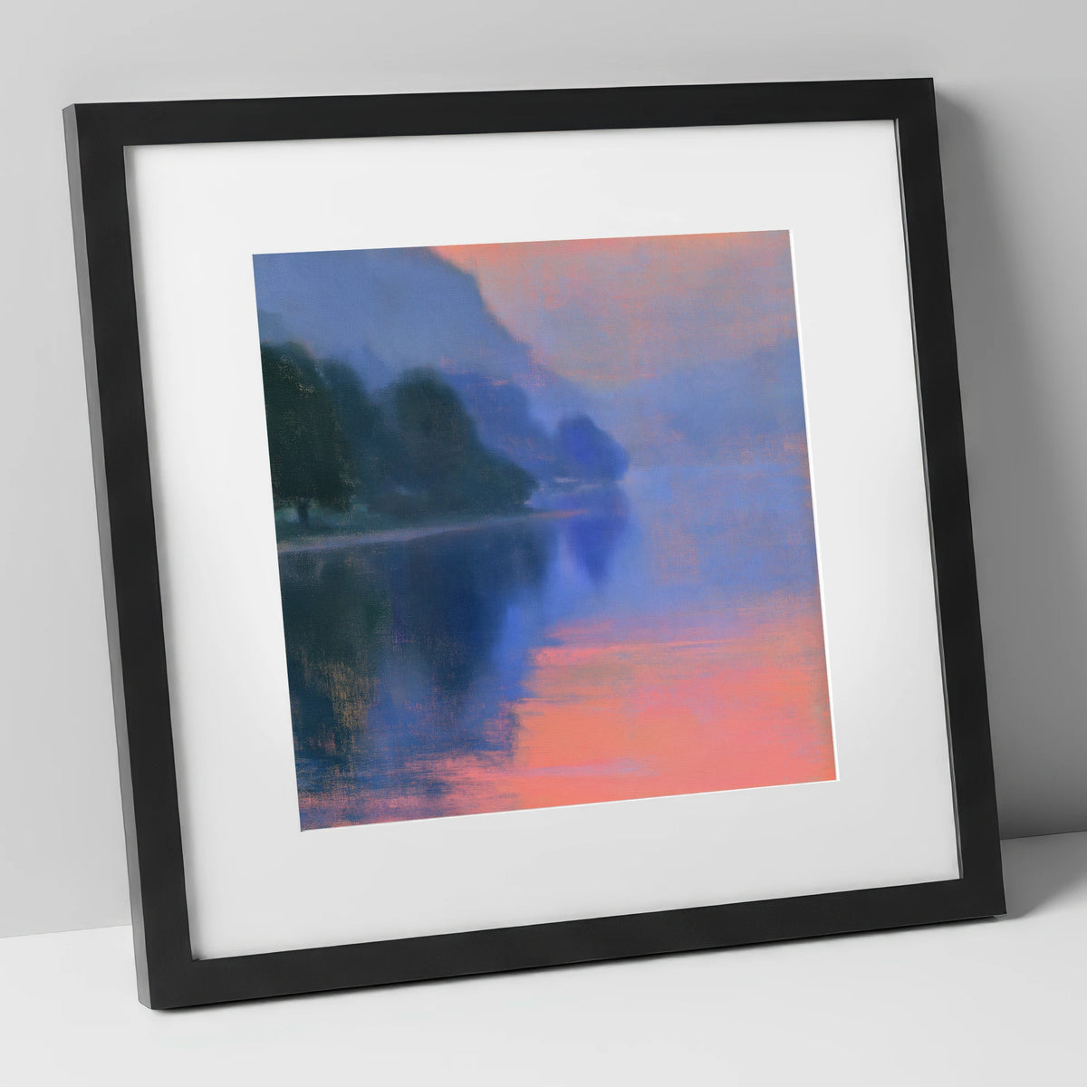 Misty Lake in Peach Light lake district lake art print in black frame