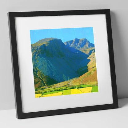 Sunlit Scafell Peaks and Ravine lake district fell art print in black frame