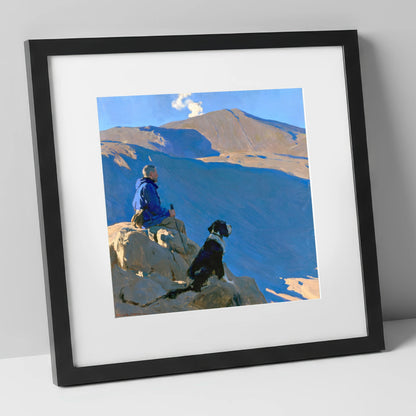 Sunlit Walker and Dog on Great Gable gifts for dog walkers art print in black frame