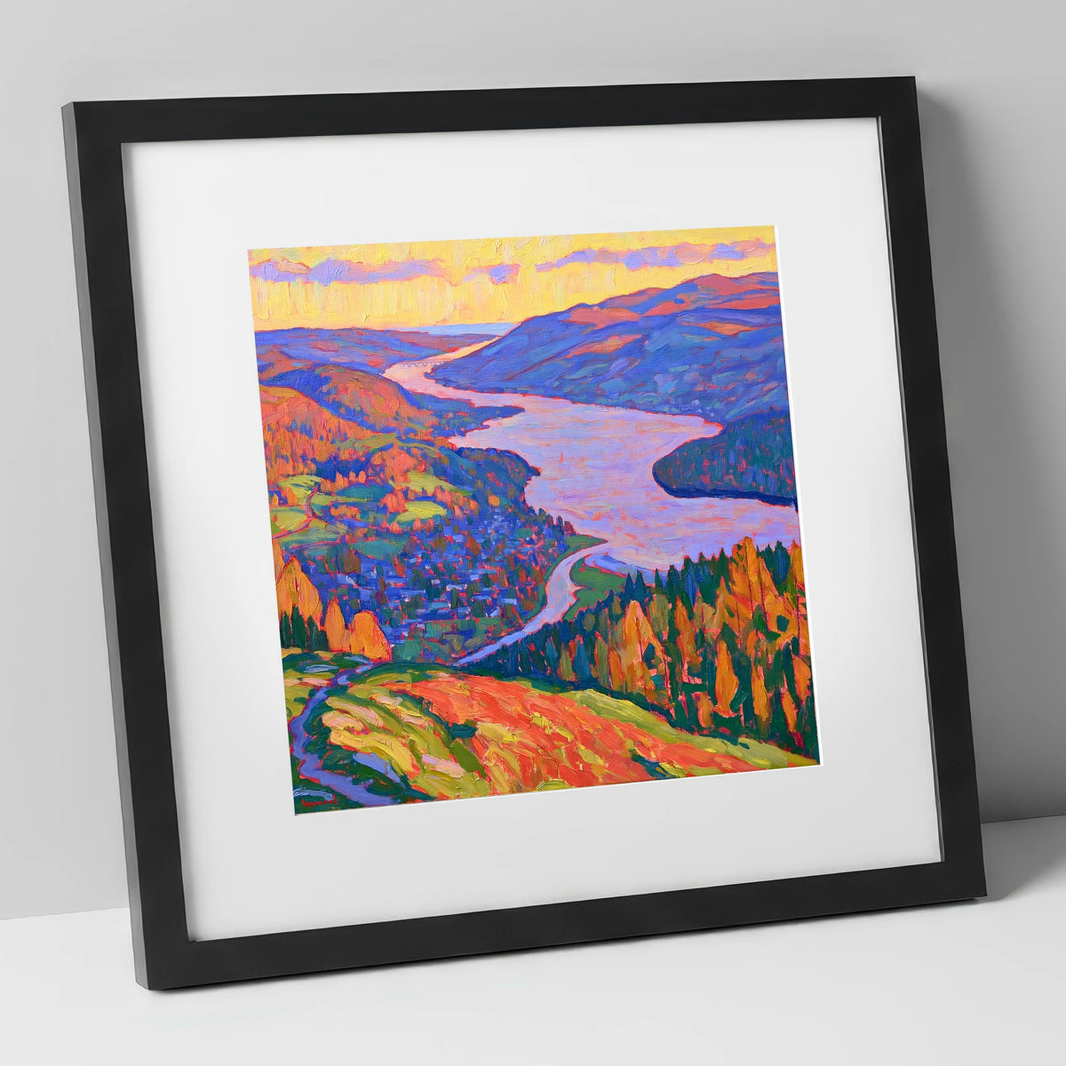 Vibrant Ambleside and Lake View lake district village art print in black frame