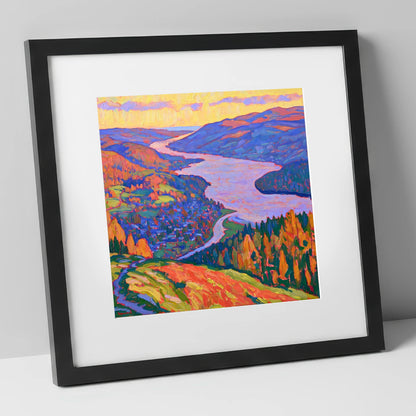 Vibrant Ambleside and Lake View lake district village art print in black frame