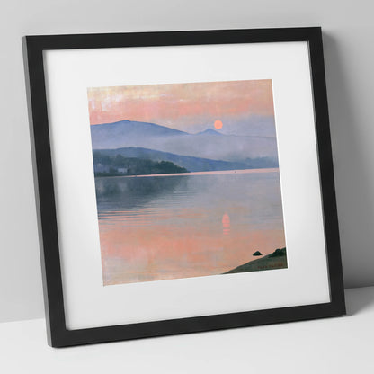 Lake Sunset in Pastel Haze lake district lake art print in black frame