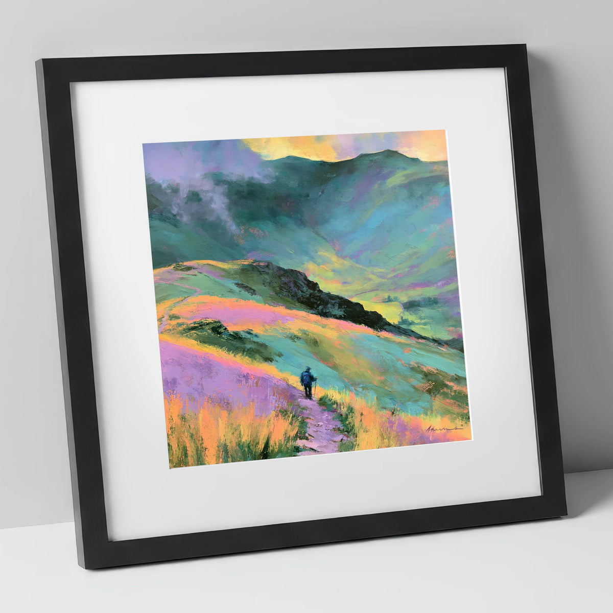 Lone Hiker on Pastel Fells lake district walking art print in black frame
