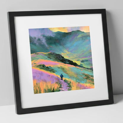 Lone Hiker on Pastel Fells lake district walking art print in black frame