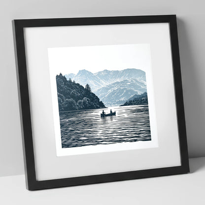 Windermere Canoe In Deep Blue lake district lake art print in black frame