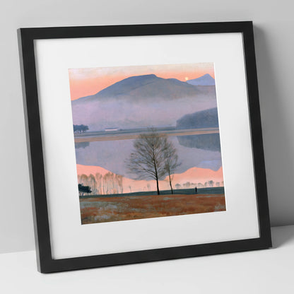 Lake Reflection in Pink Twilight lake district lake art print in black frame