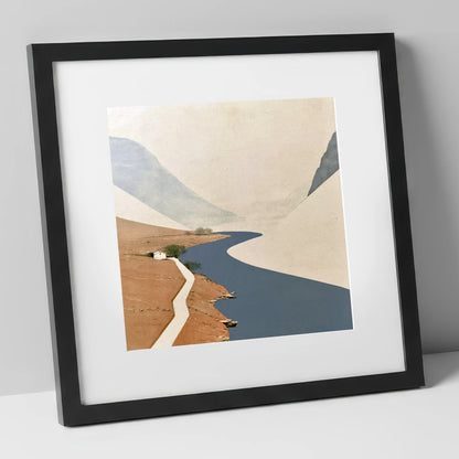 Winding Blue Lake and White Cottage lake district lake art print in black frame