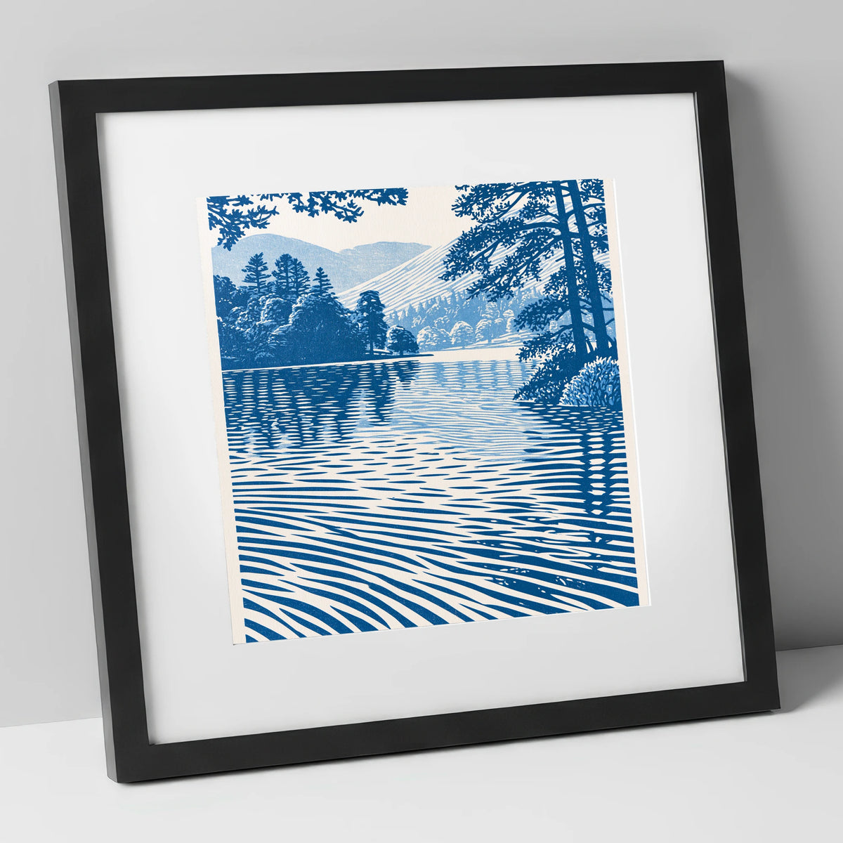 Rippled Blue Lake at Dawn lake district lake art print in black frame