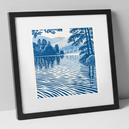 Rippled Blue Lake at Dawn lake district lake art print in black frame