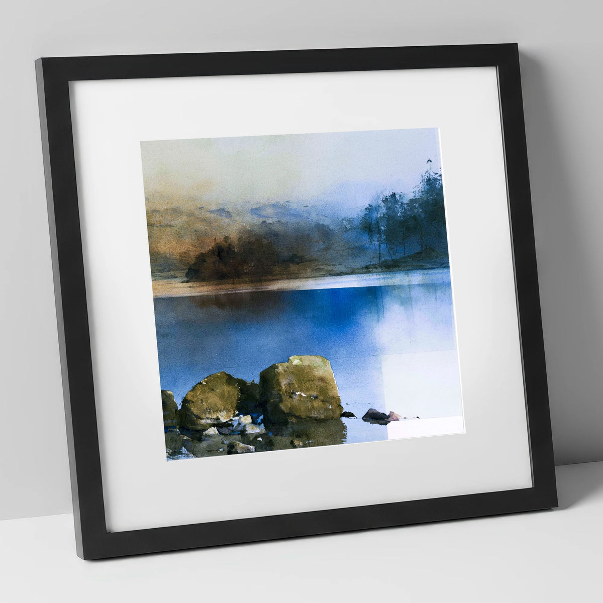 Mossy Boulders of Rydal Water lake district lake art print in black frame