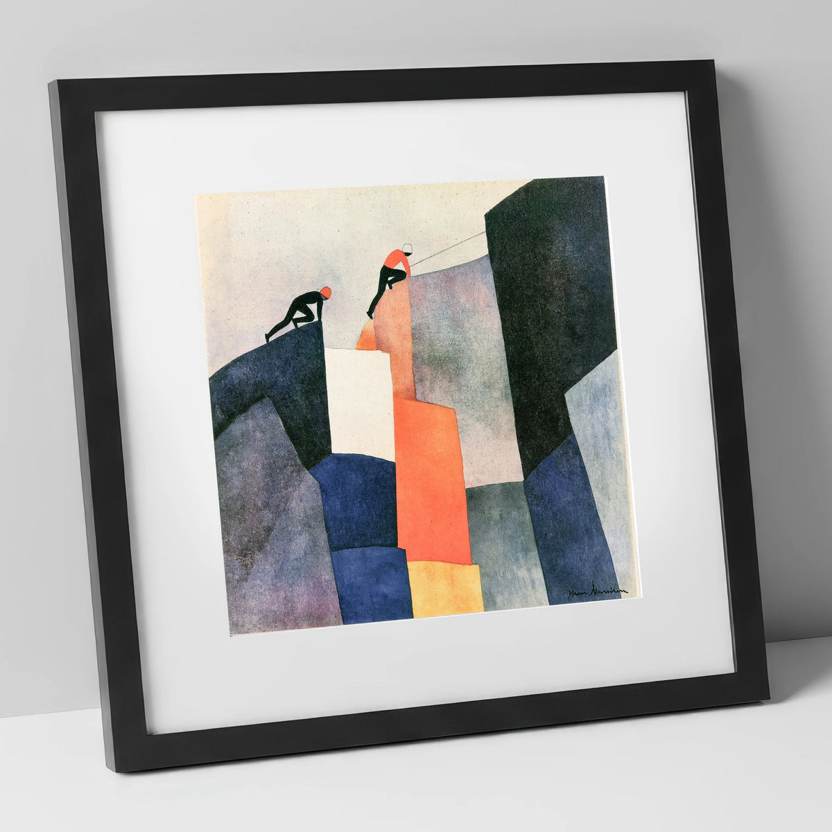 Climbers Ascending a Geometric Crag lake district walking art print in black frame